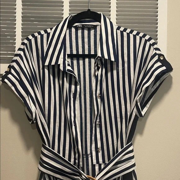 Zara Navy striped linen shirt dress with belt - Picture 2 of 3